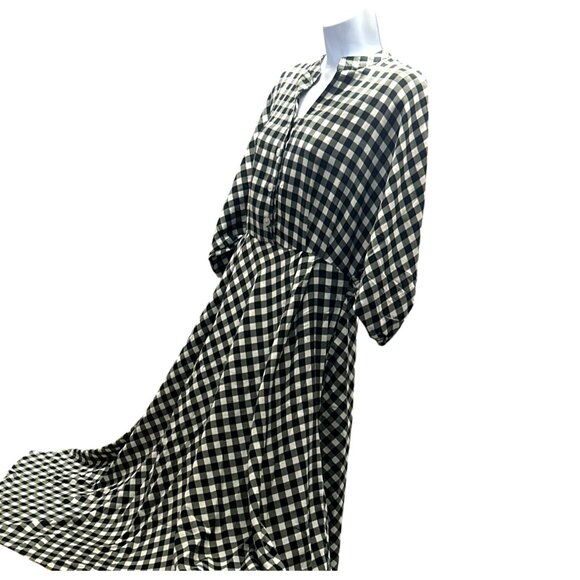 CCC Vintage Black White Gingham Checkered Midi Dress Button Front Elastic Cuffs - Picture 4 of 8
